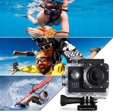 Kamerka Sportowa Czarna Full Hd Wodoodporna 30M Anti-Shake Etui + Uchwyty