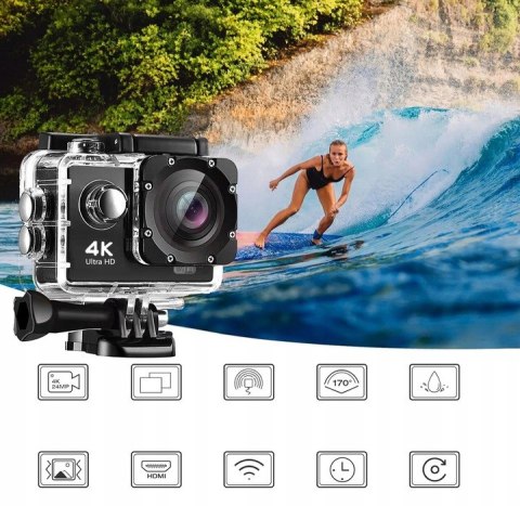 Kamerka Sportowa Czarna Full Hd Wodoodporna 30M Anti-Shake Etui + Uchwyty