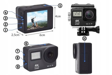 Kamera Sportowa 4K Uhd Wodoodporna Z Wyświetlaczem Wifi + Zestaw Akcesoriów