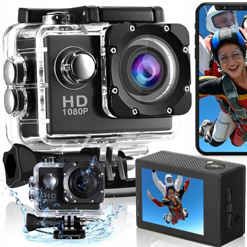 Kamerka Sportowa Full Hd 1080P 16Mp Wodoodporna 30M, Lcd 2 Etui I Uchwyty