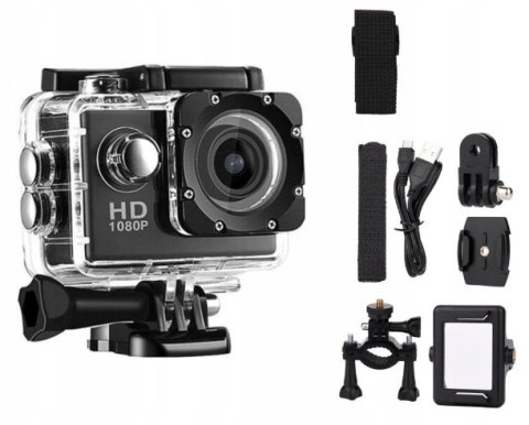 Kamerka Sportowa Full Hd 1080P 16Mp Wodoodporna 30M, Lcd 2 Etui I Uchwyty
