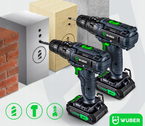 Udarowa Wiertarko-Wkrętarka Wuber 20V 2X Akumulator 2000Mah Led + Walizka