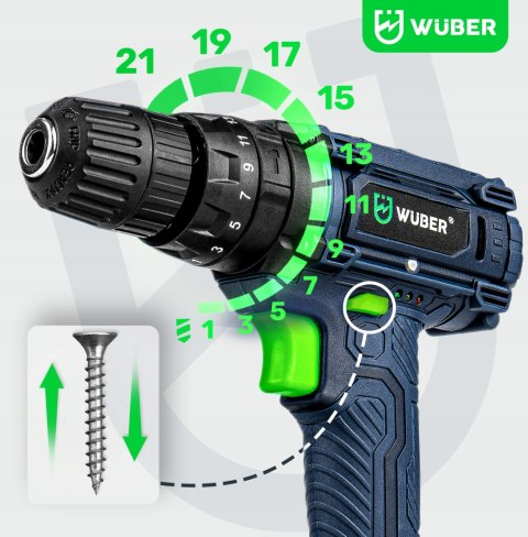 Udarowa Wiertarko-Wkrętarka Wuber 20V 2X Akumulator 2000Mah Led + Walizka