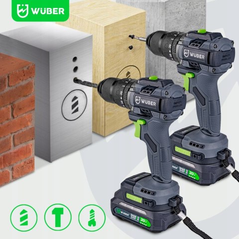 Wuber Wiertarko-Wkrętarka 20V Bezszczotkowa 2X Aku 2.0Ah Led Ładowarka
