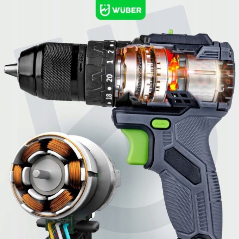 Wuber Wiertarko-Wkrętarka 20V Bezszczotkowa 2X Aku 2.0Ah Led Ładowarka