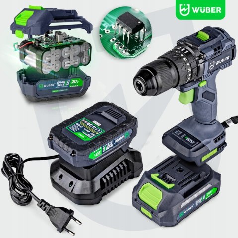 Wuber Wiertarko-Wkrętarka 20V Bezszczotkowa 2X Aku 2.0Ah Led Ładowarka