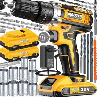 Udarowa Wiertarko-Wkrętarka 20V 2Xaku, 2 Biegi, Led, Nasadki, Bity, Walizka