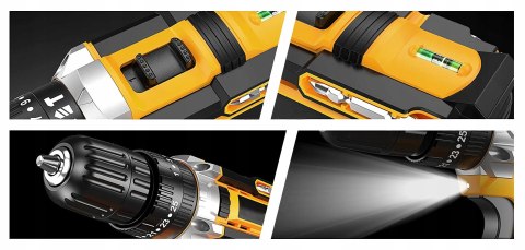 Udarowa Wiertarko-Wkrętarka 20V 2Xaku, 2 Biegi, Led, Nasadki, Bity, Walizka