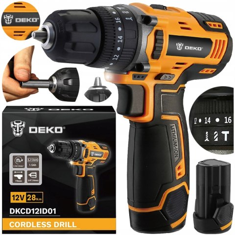 Udarowa Wiertarko-Wkrętarka Deko 12V 28Nm Led 18+1 Aku. I Ładowarka Remont