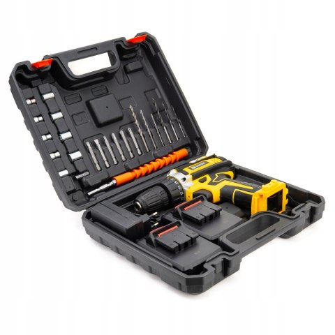 Wiertarko-Wkrętarka 21V Żółta 2X2.0Ah, Komplet Z Walizką I Led, Poziomicą