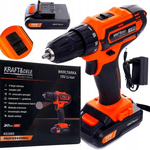 Wiertarko-Wkrętarka Kraft&Dele 18V Li-Ion Z Akumulatorem, Led, 2 Biegi