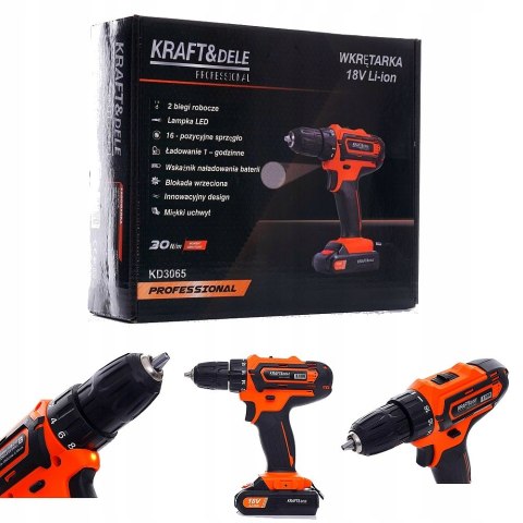 Wiertarko-Wkrętarka Kraft&Dele 18V Li-Ion Z Akumulatorem, Led, 2 Biegi