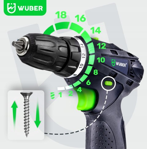 Wiertarko-Wkrętarka Wuber 18V 2Xaku: Nasadki, Wiertła, Bity, Led, Walizka