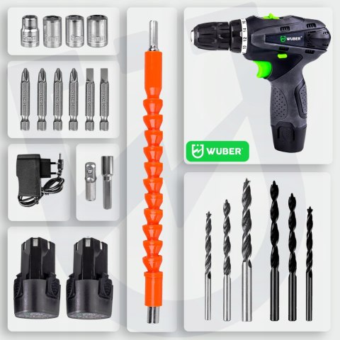 Wiertarko-Wkrętarka Wuber 18V 2Xaku: Nasadki, Wiertła, Bity, Led, Walizka