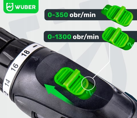 Wiertarko-Wkrętarka Wuber 18V 2Xaku: Nasadki, Wiertła, Bity, Led, Walizka