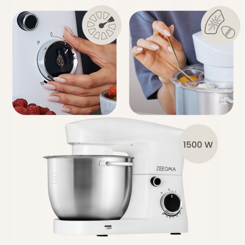 BIAŁY ROBOT KUCHENNY ZEEGMA 15W1 1500W 5,2L 10 TRYBÓW, ROTACJA PLANETARNA