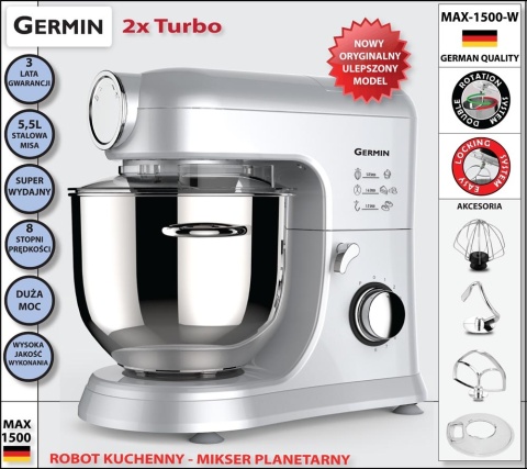 ROBOT KUCHENNY GERMIN 1500W PLANETARNY MIKSER 5,5L Z POKRYWA 4 MIESZADŁA
