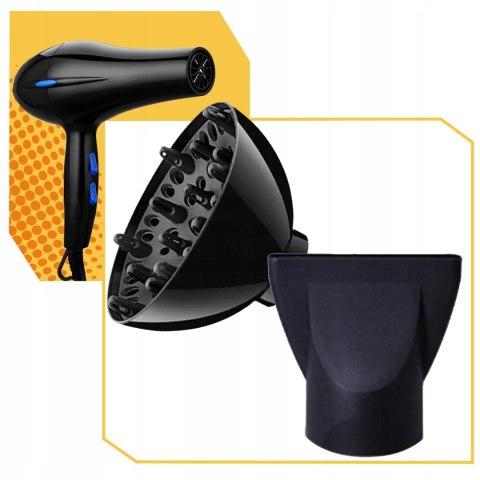 Suszarka Do Włosów Czarna 2200W Pro Jonizacja Mocna + Końcówki Dyfuzor