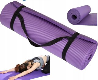 Gruba Fioletowa Mata Do Ćwiczeń Nbr 10Mm 60X180cm Antypoślizgowa Z Paskiem