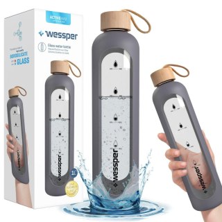 Butelka Szklana Wessper 1L Z Etui Silikonowym - Szara, Bpa Free, Motywacyjna