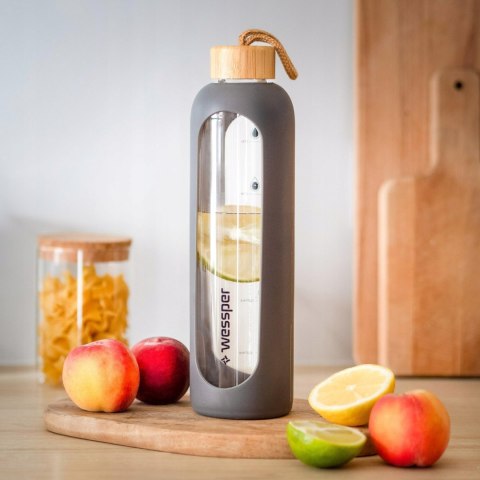Butelka Szklana Wessper 1L Z Etui Silikonowym - Szara, Bpa Free, Motywacyjna