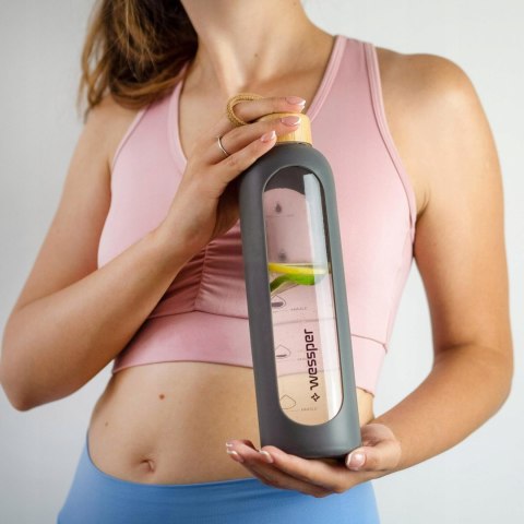 Butelka Szklana Wessper 1L Z Etui Silikonowym - Szara, Bpa Free, Motywacyjna