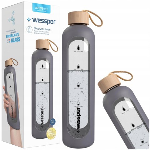Butelka Szklana Wessper 1L Z Etui Silikonowym - Szara, Bpa Free, Motywacyjna