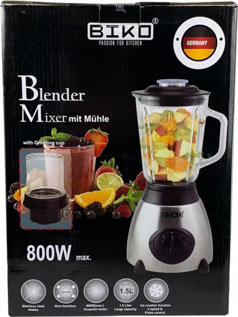 Blender Kielichowy Szklany Biko 800W 1.5L 2 Prędkości Pulse Kruszenie Lodu