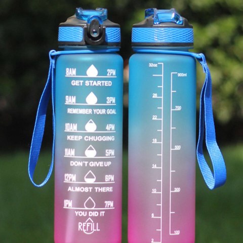 Butelka Na Wodę Bidon Z Miarką Słomką Motywacyjna Siłownia Fitness 1000Ml