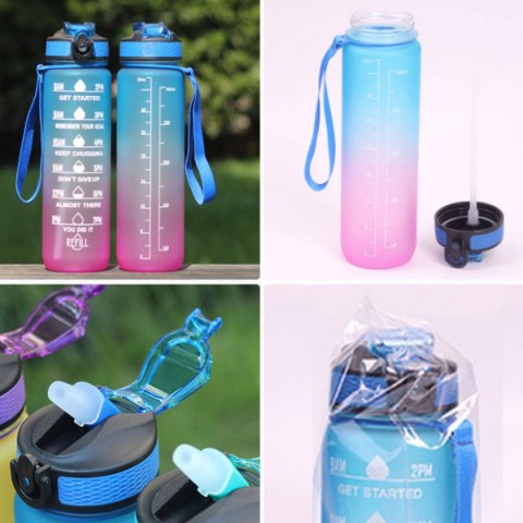 Butelka Na Wodę Bidon Z Miarką Słomką Motywacyjna Siłownia Fitness 1000Ml