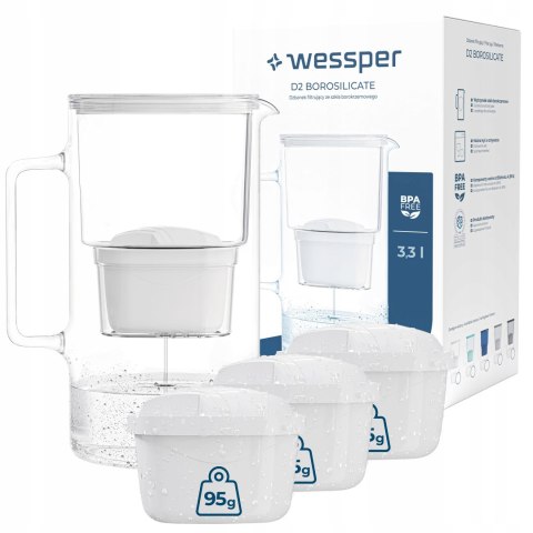 Dzbanek Filtrujący Szklany Wessper Aquamax 3,3L + 4X Filtr Wessper Aquamax