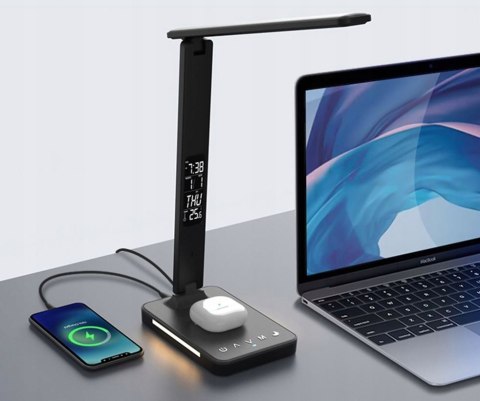 Lampka Nocna Na Biurko Biurkowa Kreślarska Zegar Budzik Indukcja Qi 10W