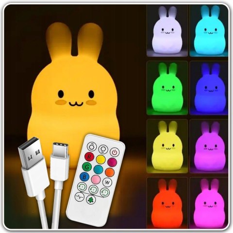 Miękka Lampka Nocna Królik Dla Dzieci Kolorowa Silikonowa Rgb Led + Pilot
