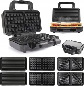 Gofrownica 3W1 Grill Opiekacz Toster Do Kanapek Mocna Duża Czarna
