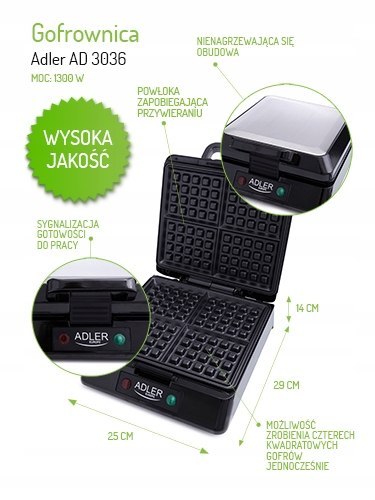 Gofrownica Adler Ad 3036 4 Gofry 1500W Lampki Duża Mocna Czarna