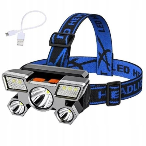 Latarka Czołowa Czołówka 5 X Led Mocna Xpe Usb Aku Niebieska Czarna