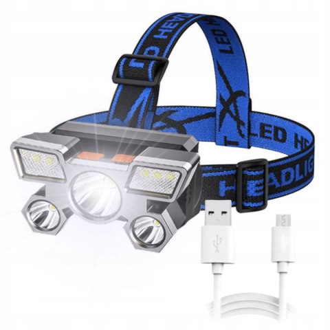 Latarka Czołowa Czołówka 5 X Led Mocna Xpe Usb Aku Niebieska Czarna