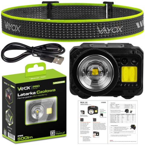 Latarka Czołowa Led Czołówka Akumulatorowa Mocna Zoom Usb C 500Lm Pro Vayox