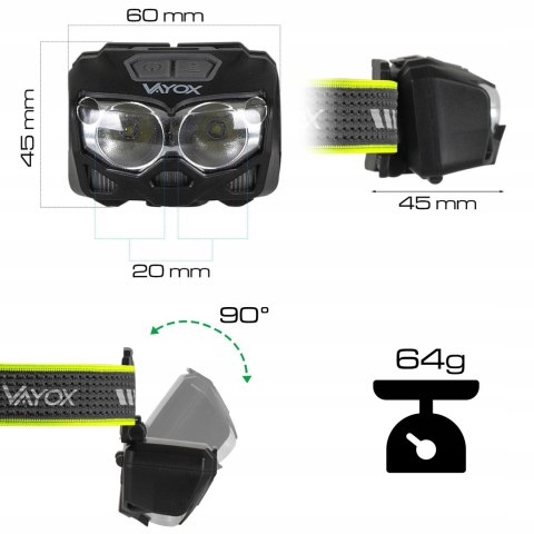 Latarka Czołowa Led Lampa Czołówka Akumulatorowa Usb-C Bat 500Lm Pro Vayox