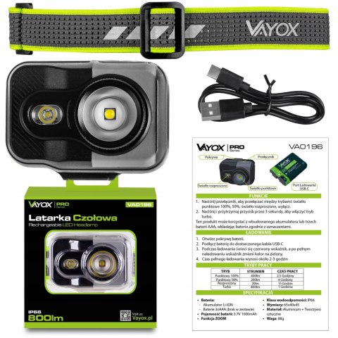 Latarka Czołowa Led Zoom Akumulatorowa Lekka Czołówka Usb-C 800Lm Pro Vayox
