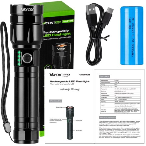 Latarka Led Taktyczna Akumulatorowa Wojskowa Zoom 30W Usb-C Pro Power Vayox
