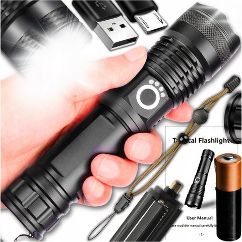 Latarka Led Taktyczna Zoom Akumulatorowa Wojskowa Wodoodporna Usb Mocna