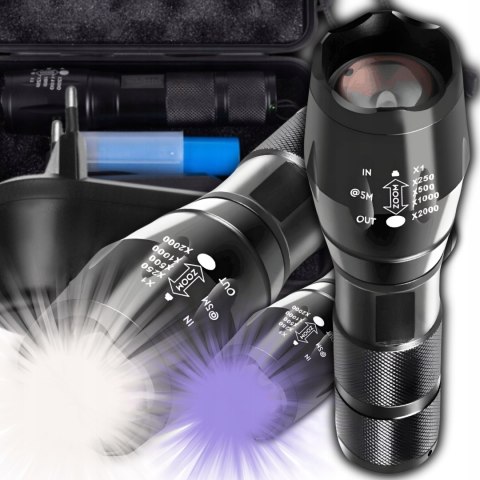 Latarka Taktyczna Szperacz Uv 2W1 Survival Led Zoom Wojskowa Zestaw Etui