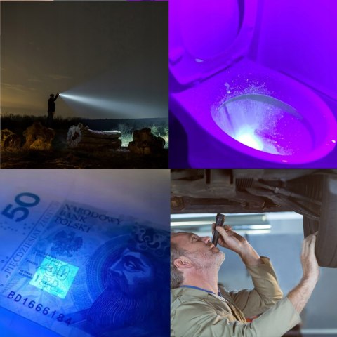 Latarka Taktyczna Szperacz Uv 2W1 Survival Led Zoom Wojskowa Zestaw Etui