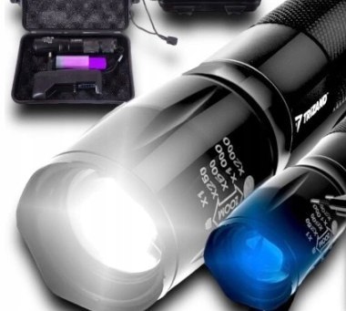 Latarka Taktyczna Szperacz Uv 2W1 Survival Led Zoom Wojskowa Zestaw Etui