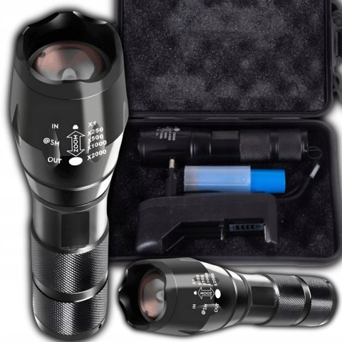 Latarka Taktyczna Szperacz Uv 2W1 Survival Led Zoom Wojskowa Zestaw Etui