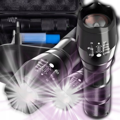 Latarka Taktyczna Szperacz Uv 2W1 Survival Led Zoom Wojskowa Zestaw Etui