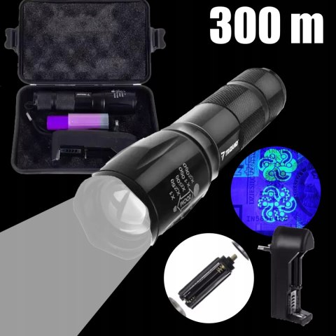 Latarka Taktyczna Szperacz Uv 2W1 Survival Led Zoom Wojskowa Zestaw Etui