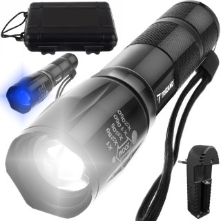 Latarka Taktyczna Wojskowa Mocna Szperacz Cree Xpe Led Zoom Z Uv Aku + Etui