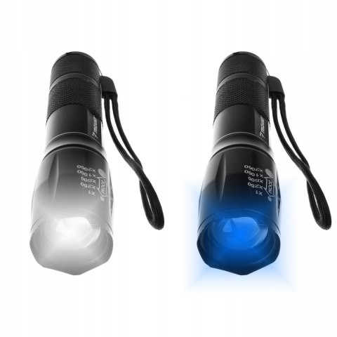 Latarka Taktyczna Wojskowa Mocna Szperacz Cree Xpe Led Zoom Z Uv Aku + Etui